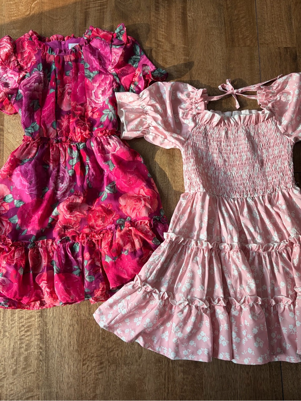 Girls Floral Ruffle Dress in Hot Pink (6) and Floral Light Pink Dress (5-6)